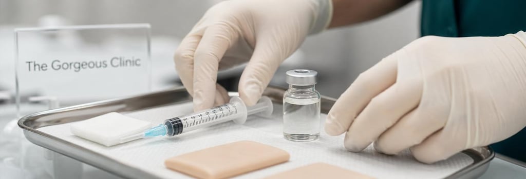 Photorealistic close-up of gloved hands arranging sterile training tools, labelled only by object, syringe and vial on a sterile tray, shallow depth-of-field, editorial clinical-education mood