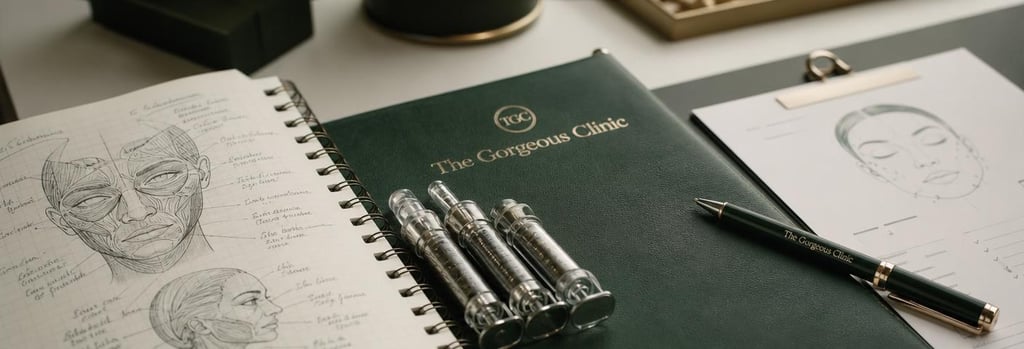 Photorealistic still life of anatomy notes beside polished syringes and a clinic pen, treatment-planning sheet without readable text, shallow depth-of-field, forest green and cream tones, editorial training composition