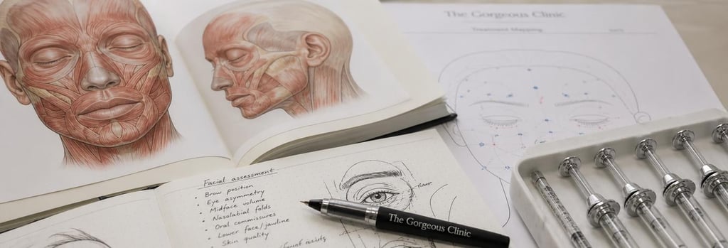 Photorealistic close-up of anatomy notes beside polished syringes, facial muscle diagrams without readable labels, clinic pen and treatment-mapping sheet on cream surface, soft flattering light, editorial medical-education feel
