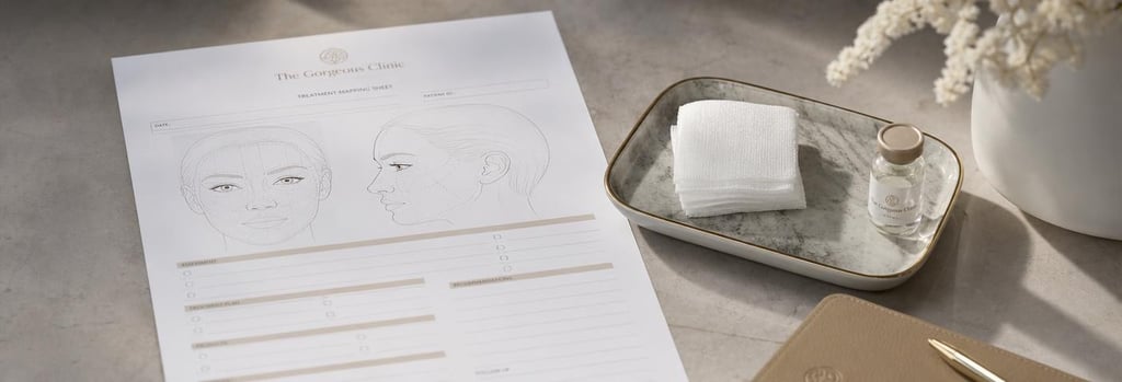 Photorealistic detail of a treatment mapping sheet beside a small tray with gauze and a vial, consultation notes without readable text, soft light, elegant medical-education still life