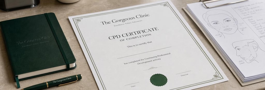 Photorealistic detail of a blank CPD certificate beside clinical notes and a forest green notebook, single focal point, editorial medical-education composition