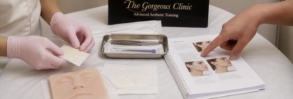Photorealistic close-up of gloved hands arranging sterile training tools, small treatment-mapping stickers on a workbook, anonymous practitioner's hand pointing to movement photographs, soft neutral background