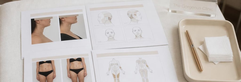 Photorealistic detail of treatment-mapping sheets without readable text, two sets of before-and-after movement photos cropped and anonymised, clinic pen and gauze on a cream tray, editorial clinical feel