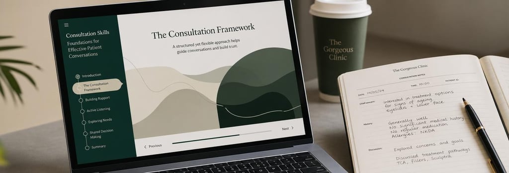 Photorealistic close-up of a laptop showing an abstract e-learning module on consultation skills, a clinical notebook open with anonymous consultation notes, soft cream and forest green accents, shallow depth-of-field