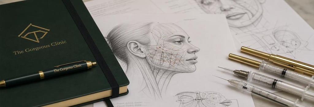 Photorealistic close-up of anatomy notes beside polished syringes, treatment-planning sketches without readable text, forest green notebook and clinic pen visible, editorial clinical-education feel, soft flattering light, single focal point, premium training detail
