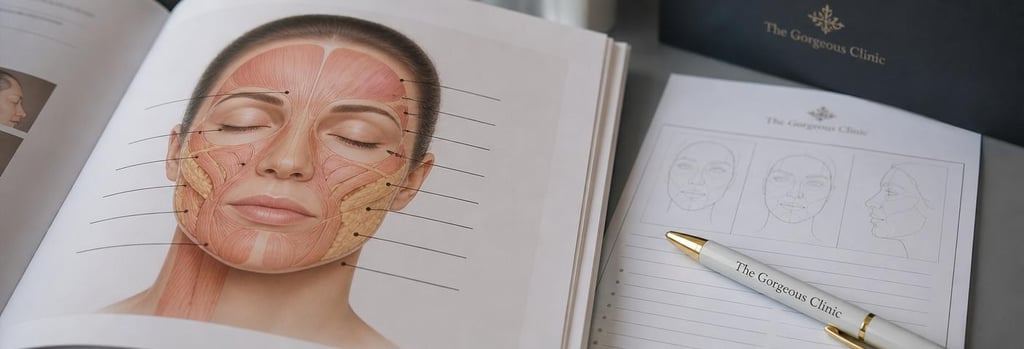 Photorealistic close-up of a workbook showing a facial anatomy diagram without readable labels, a clinic pen and treatment-mapping sheet beside it, shallow depth-of-field, clinical-education composition, calm light