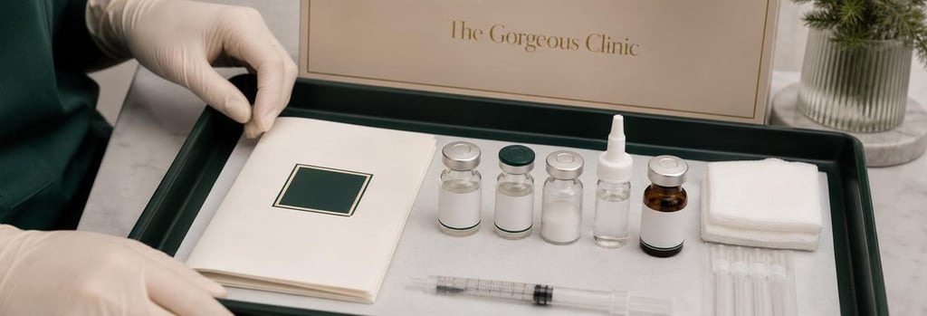 Photorealistic still life of a sterile tray with labelled vials and a closed product information leaflet without readable text, gloved hands nearby, cream and forest green accents, editorial clinical-training detail, soft lighting