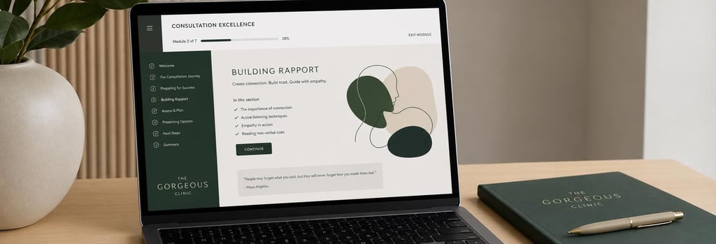 Photorealistic close-up of a laptop showing an abstract e-learning consultation module, a clinic notebook and neutral-toned pen, forest green accents, editorial training feel, generous negative space