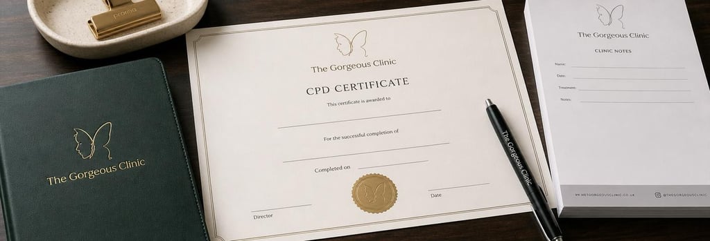 Photorealistic detail of a blank CPD certificate beside clinic notes and a forest green notebook, cream ceramic tray and a clinic pen, editorial clinical-education composition, soft flattering light