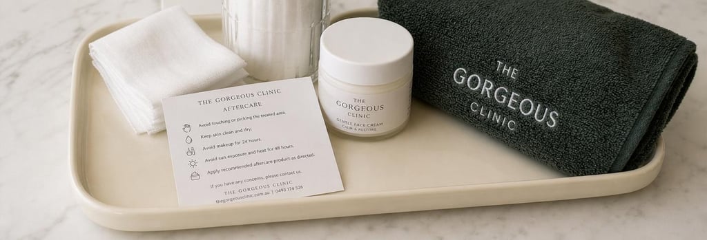 Photorealistic still life of aftercare items on a cream ceramic tray, small aftercare card, gauze, gentle face cream jar, forest green towel, editorial clinical aesthetic