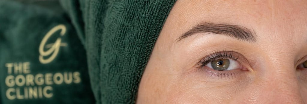 Photorealistic close-up of under-eye and crow's feet area in soft clinical light, showing reduced expression lines, natural skin texture, forest green towel in soft focus