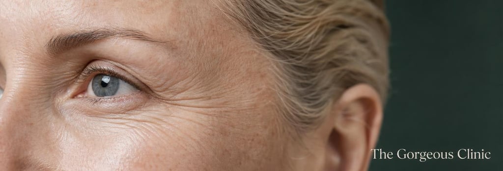 Photorealistic close-up of mature skin texture on temple and crow's feet area, elegant clinical lighting, shallow depth-of-field, natural pores visible, subtle forest green background, non-graphical