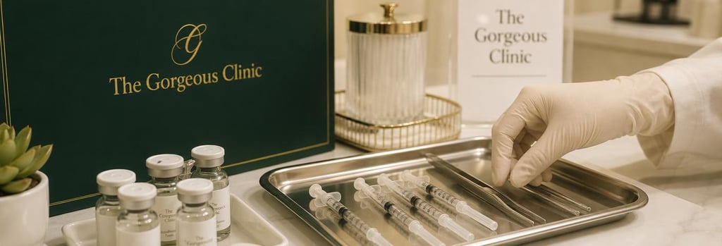 Photorealistic still life of polished syringes and glass vials on a sterile tray, gloved hand arranging tools, warm cream and forest green accents, editorial medical-aesthetic tone
