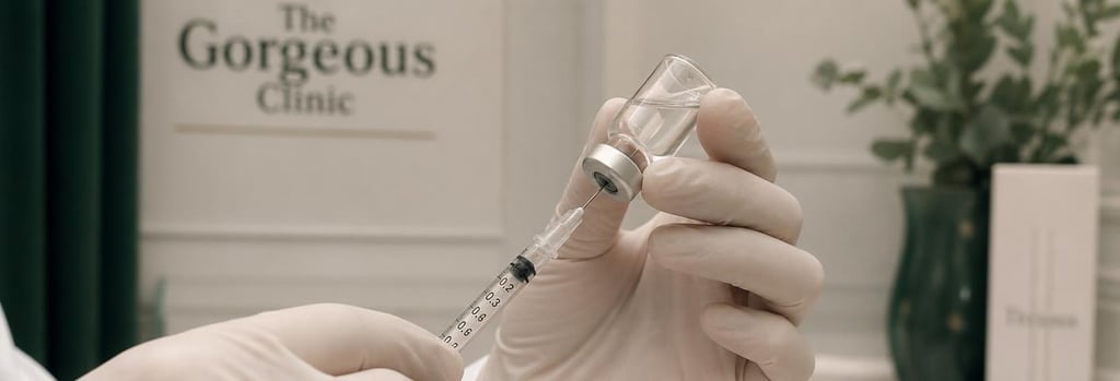 Photorealistic macro image of gloved hands holding a single small vial and a sterile syringe, editorial clinical feel, soft cream and forest green accents, no branding