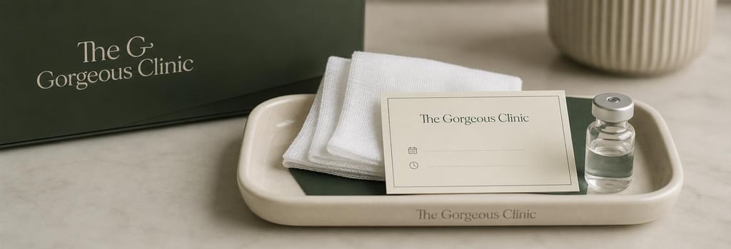 Photorealistic still life of an aftercare kit: small cream ceramic tray, gauze, appointment card (no readable text) and a vial, soft cream and forest green tones, editorial clinical composition, single focal point on kit items