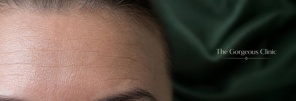 Photorealistic macro image of mature forehead skin texture, fine horizontal lines visible, soft clinical lighting, forest green cloth in background, editorial medical-aesthetic feel, single focal point on skin pores and lines, negative space