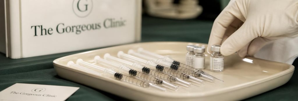 Photorealistic close-up of polished syringes on a sterile tray, soft cream and forest green tones, gloved hand adjusting a small vial, editorial medical-aesthetic composition, single focal point on syringe tips