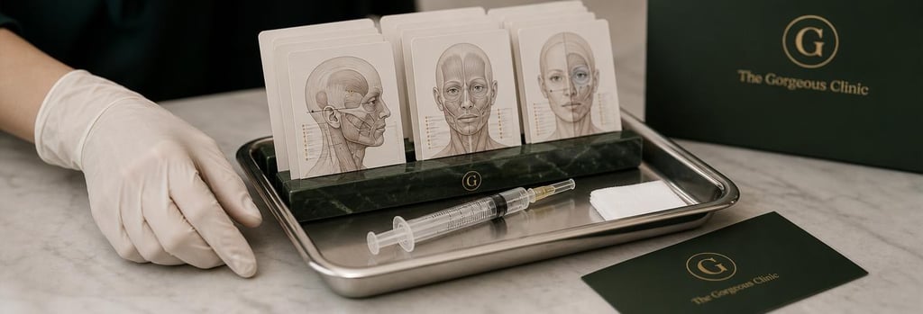 Photorealistic still life of a sterile tray with labelled anatomical reference cards (no readable text), syringe and gloved hand nearby, soft cream and forest green tones, editorial clinical composition, single focal point on instruments