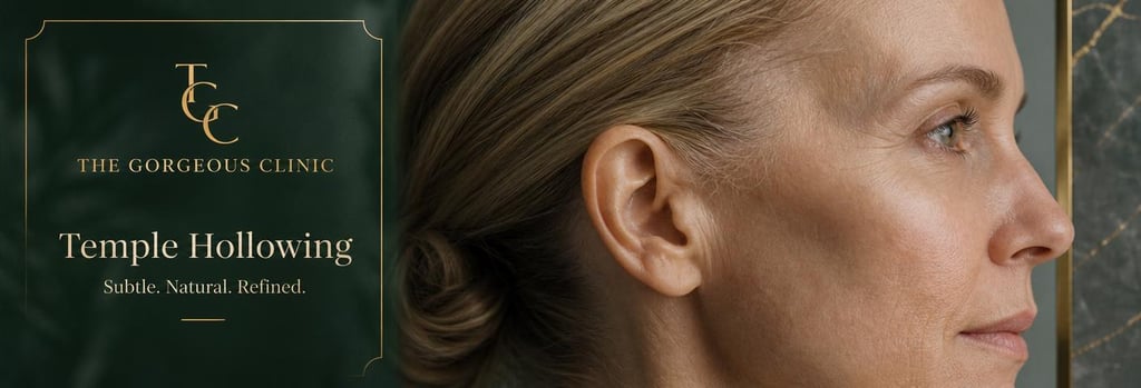 Photorealistic close-up of a cropped mature lateral face profile showing subtle temple hollowing, soft clinical lighting, forest green and gold accents, editorial texture-led composition focusing on skin and contour
