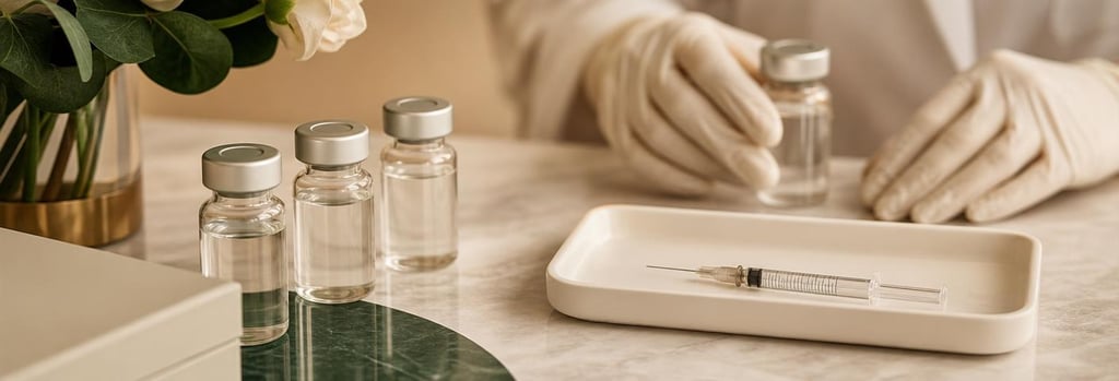 Photorealistic still life of polished glass vials and a sterile tray with a single fine syringe, gloved hands in soft-focus, warm cream and forest green accents, editorial clinical-luxury feel, no branding or text.