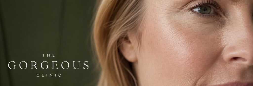 Photorealistic close-up of a subtle cheek and temple area showing mature skin texture, soft clinical light, hint of forest green background, editorial aesthetic suitable for combined treatments like filler and skin boosters.
