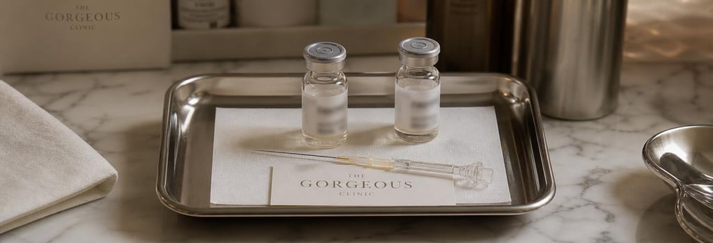 Photorealistic close-up of a sterile tray with two small labelled vials (labels unreadable) and a fine cannula, soft warm light, premium clinical materials on marble surface, suggesting combined injectable and skin treatments.