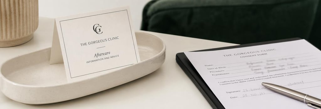 Photorealistic image of a consultation setting detail: a folded aftercare card on a cream ceramic tray, a pen and a consent form with unreadable notes, soft clinical lighting, forest green fabric in background.