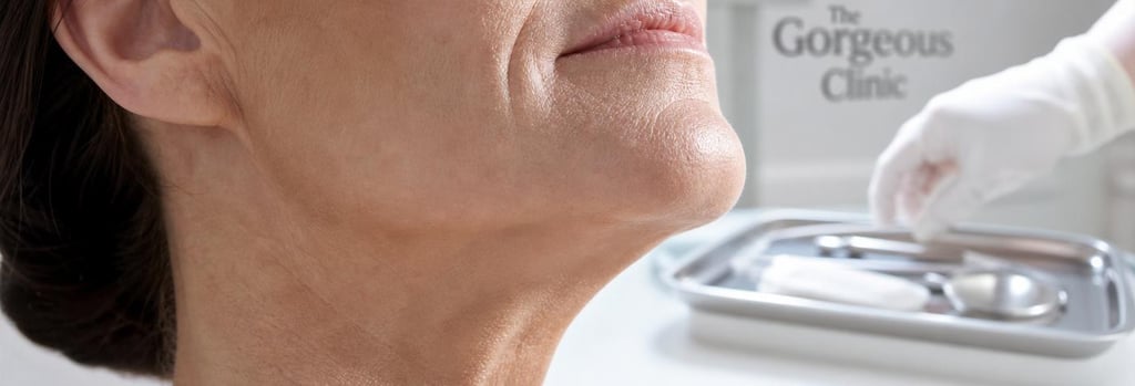 Photorealistic close-up of jawline and chin profile detail, mature skin texture, soft clinical lighting, no full face, clear focus on lower-face contours and subtle shadowing, medical-luxury mood with sterile tray and gloved hand in soft background