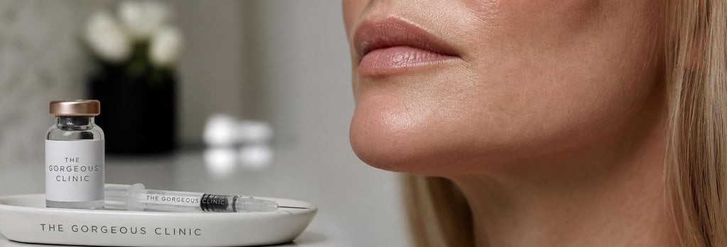 Photorealistic close-up of chin in soft clinical lighting, polished vial and syringe on ceramic tray in foreground, mature skin texture visible, tidy composition that emphasises chin projection