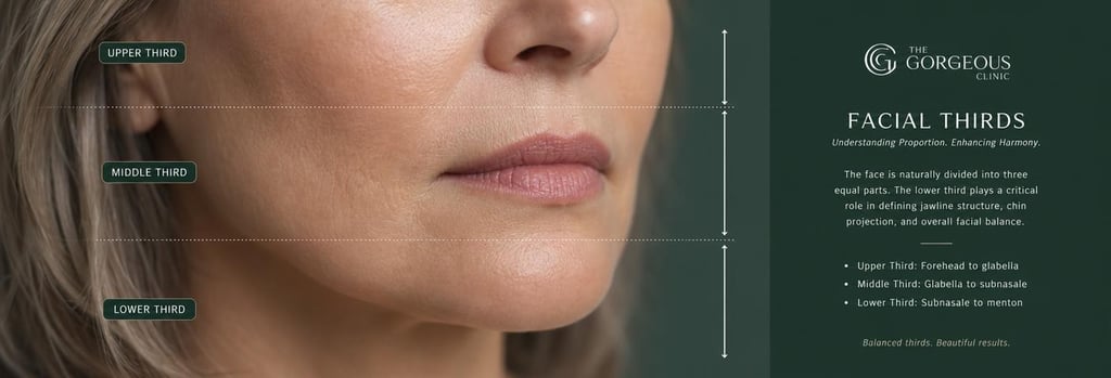 Photorealistic macro image of facial thirds diagram implied by shadowing on skin, focus on lower-face proportions and chin-jawline relationship, mature skin texture and soft forest green clinical accents, editorial medical-aesthetic feel