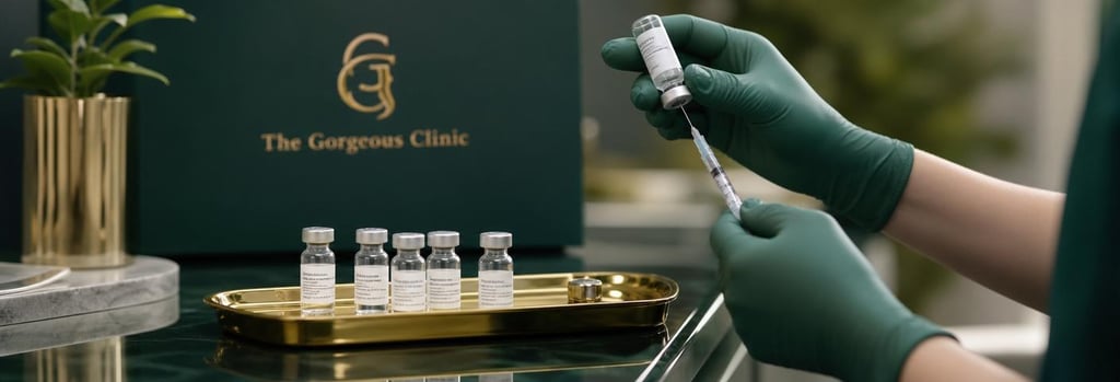 Photorealistic still life of sterile tray with labelled (non-readable) glass vials and gloved hands preparing syringe, clinical-luxury feel with forest green and warm gold accents, single focal point, negative space