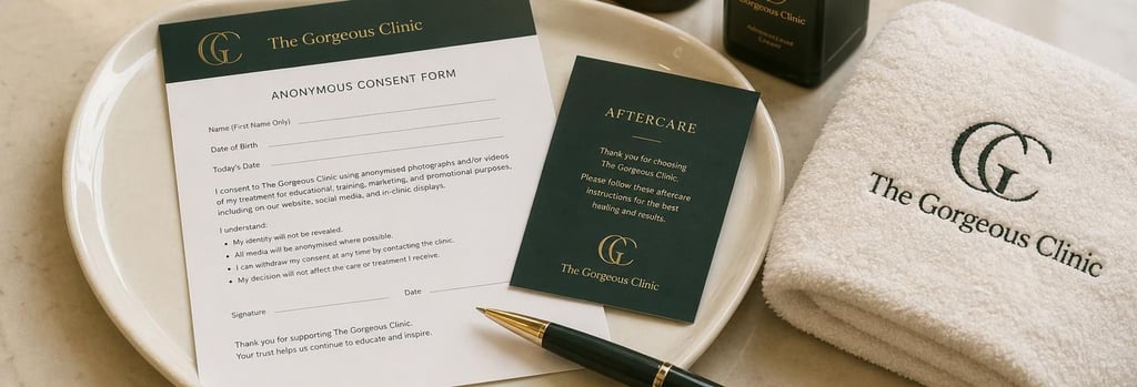 Photorealistic close-up of consultation materials: anonymous consent form and aftercare card on cream ceramic tray, polished pen and folded towel, clinic colours forest green and soft gold, single focal point, medical-aesthetic composition