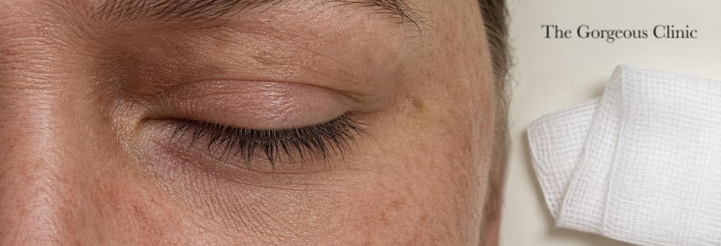 Photorealistic macro image of mature under-eye skin texture showing fine lines and pores, medical-aesthetic anchor: close-up of under-eye area with visible realistic skin detail, neutral cream clinical surface and a small folded gauze beside the eye area, soft editorial lighting, non-graphic, tasteful, high-detail