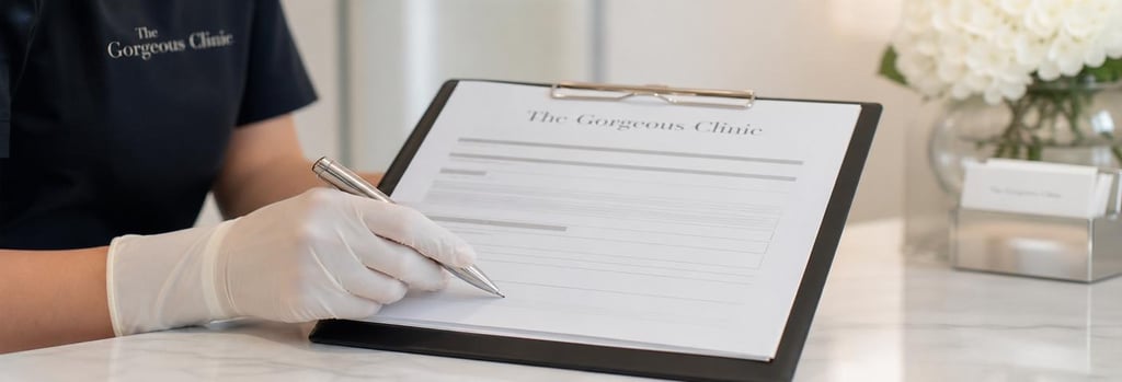 Photorealistic close-up of a clinician's gloved hand holding a consent form and a pen on a polished clinical surface, medical-aesthetic anchor: gloved hand, consent form and clipboard with no readable text, soft neutral lighting, refined editorial feel
