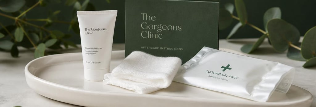 Photorealistic still life of aftercare items on a cream ceramic tray: small tube of bland moisturiser, folded gauze, cooling gel pack, medical-aesthetic anchor: aftercare objects, soft forest green background accent, editorial clinical lighting