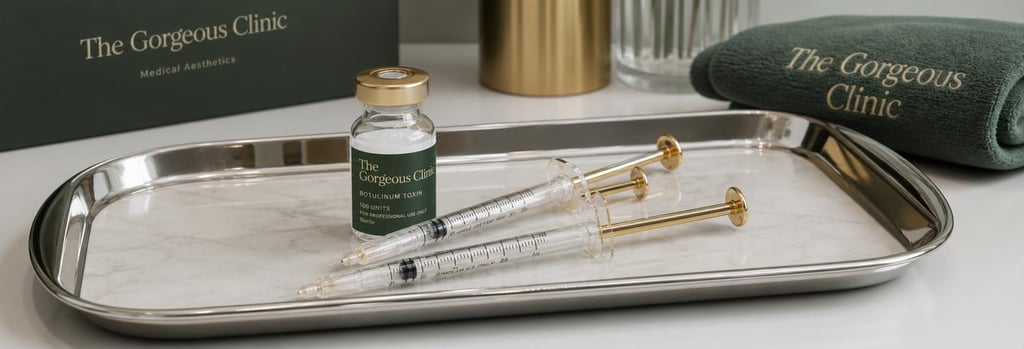 Photorealistic still life of a sterile tray with polished syringes and a labelled vial on a clinical surface, medical-aesthetic anchor: syringe and vial visible without showing injection into skin, soft forest green and warm gold accents, editorial lighting, minimal and clinical