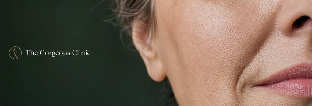 Photorealistic macro image of mature skin texture on the cheek with natural pores and fine lines, soft clinical lighting, forest green background blur, editorial medical-aesthetic focus.
