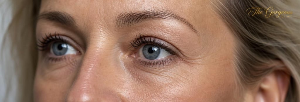 Photorealistic close-up of an under-eye area showing natural skin texture, soft flattering light, shallow depth-of-field, clinical-aesthetic focus, no procedure being performed, realistic mature skin.