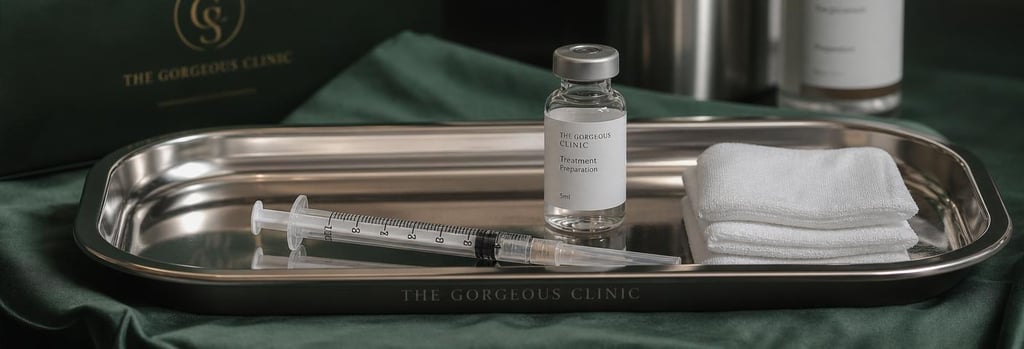 Photorealistic still life of a sterile tray with a syringe, small vial and gauze, shallow depth-of-field, forest green cloth, editorial clinical-luxury composition indicating treatment preparation.