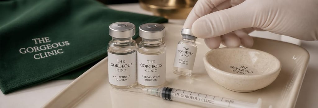 Photorealistic still life of glass vials and gloved hands on a sterile tray, labelled generically, forest green surgical cloth, warm cream ceramic dish, shallow depth-of-field, editorial clinical-luxury feel, clear medical-aesthetic anchor objects.