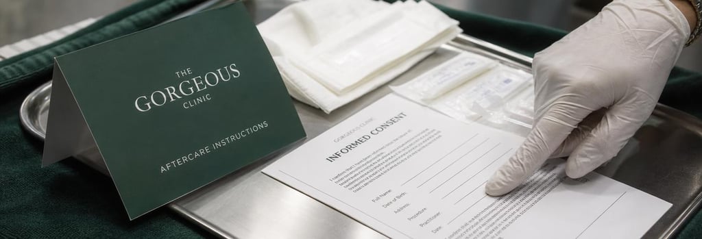 Photorealistic close-up of a consultation tray with folded aftercare card, sterile gauze and a clinician's gloved hand pointing at a consent form, forest green clinic fabric, premium editorial medical feel.