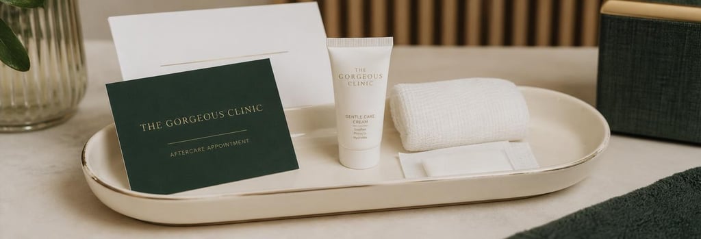 Photorealistic still life of an aftercare kit on a cream ceramic tray, small tube of gentle cream, gauze, and an appointment card (no readable text), soft warm gold and forest green accents, single focal point on kit items, editorial clinical composition.