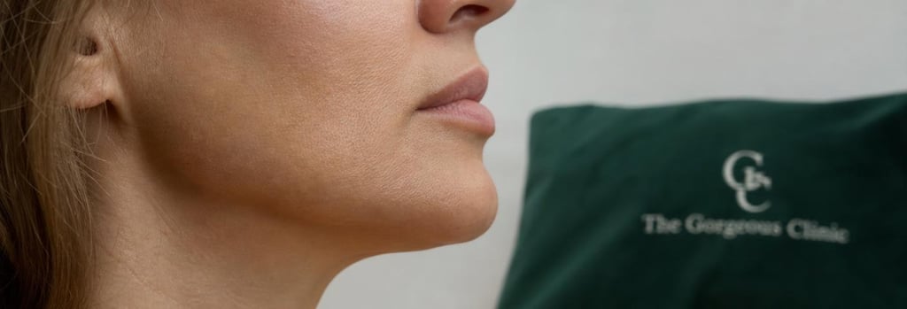 Photorealistic close-up of the lower face and jawline in soft clinical light, subtle profile showing the masseter area, realistic mature skin texture, negative space for composition, forest green clinical accessory in the background, refined medical editorial mood.