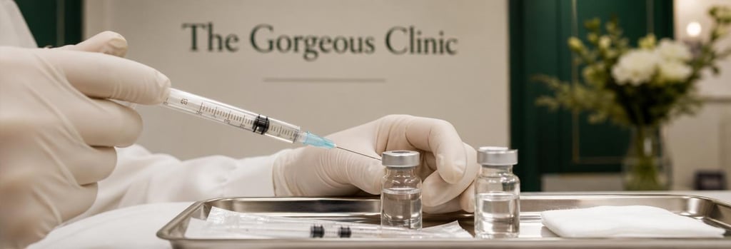 Photorealistic still life of polished syringes on a sterile tray, two small vials and gloved hands, soft cream and forest green background, editorial clinic feel, no visible branding, single focal point on syringe tip and vial, calm flattering light, premium medical aesthetic composition.