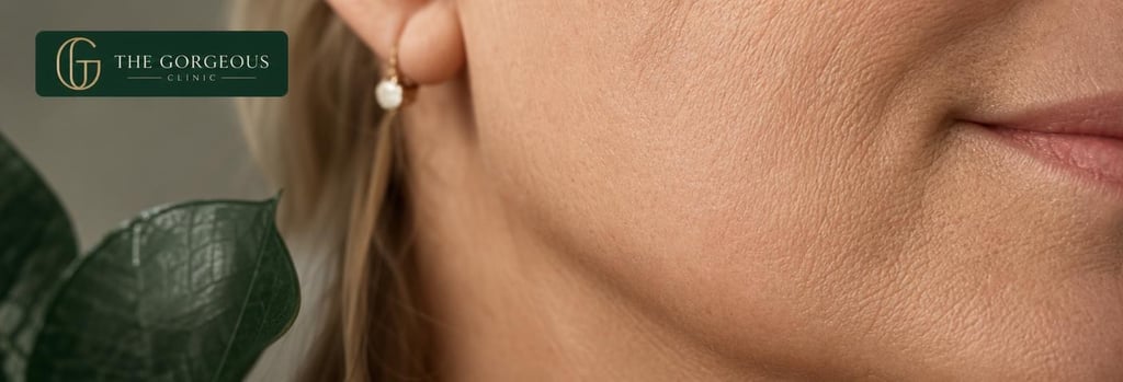 Photorealistic macro image of mature skin texture over the jawline, subtle cheek and masseter contour visible, soft clinical lighting, shallow depth-of-field, elegant medical-luxury palette with forest green accent, single focal point on jaw texture, realistic pores and fine lines, premium clinic editorial feel.