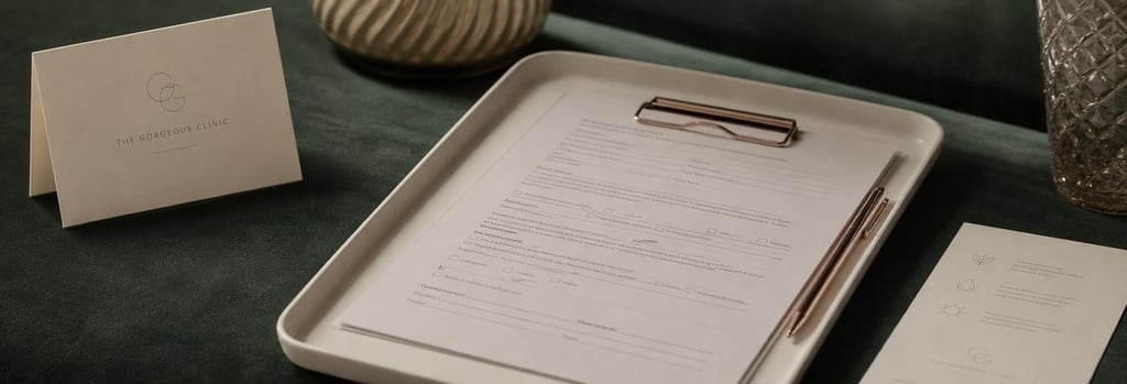 Photorealistic still life of consultation items: consent form on cream tray, clipped pen, folded aftercare card, soft forest green cloth background, editorial medical detail, no readable text