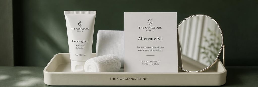 Photorealistic still life of an aftercare kit on a cream tray: cooling gel, gauze, folded card and mirror, soft forest green background, editorial clinical composition