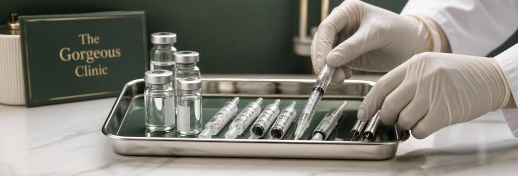 Photorealistic close-up of a polished sterile tray with syringes and glass vials, gloved hands arranging instruments, soft forest green and cream accents, editorial clinical still life, no branding, shallow depth-of-field
