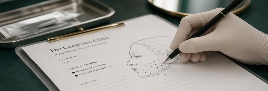 Photorealistic close-up of a clinician's gloved hand marking masseter mapping points on a consultation form, sterile tray and mirror out of focus, forest green and cream tones, single focal point on pen tip and small marks, premium clinical-documentary feel.