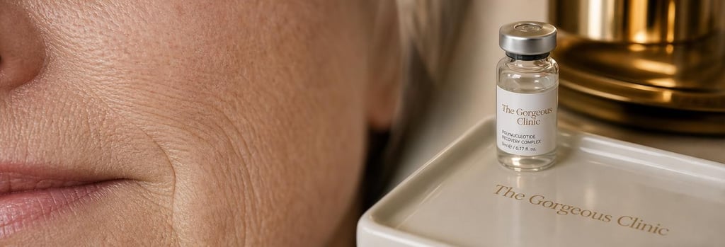 Photorealistic macro image of mature skin texture and a small sterile vial on a cream ceramic tray, editorial clinical detail, soft warm gold reflections, clear medical-aesthetic anchor objects